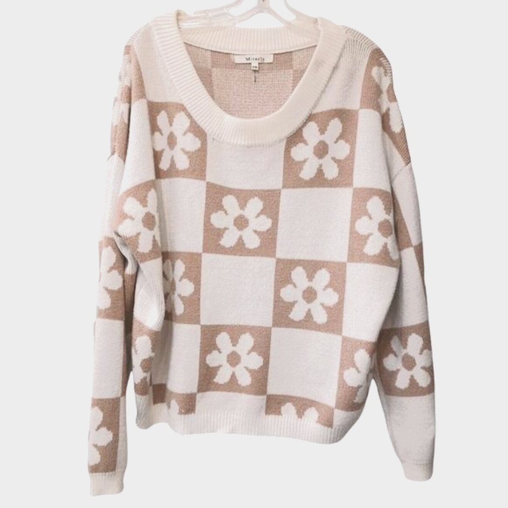 Miracle Sweater Daisy Check Sz S Ivory Brown Knit Flowers Preppy Boho Oversized